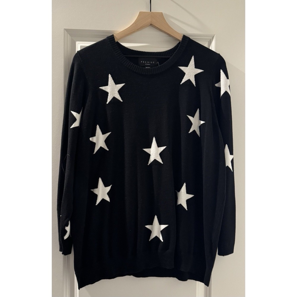 Premise Women's Black/White Star Knit Crew Neck Long Sleeve Pullover Sweater 2X